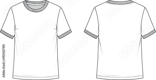 Blank white short sleeve t-shirt front and back view technical flat sketch vector illustration template for apparel fashion design mockup.