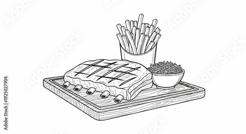 Grilled ribs served with french fries and coleslaw on a wooden board