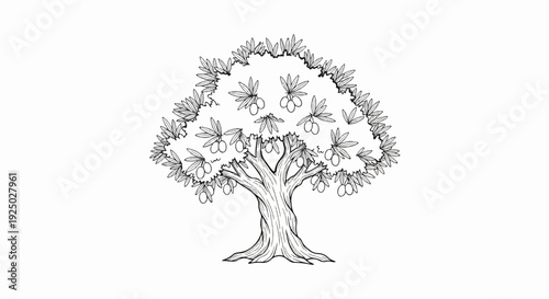 Detailed ink drawing of a mature olive tree laden with fruit and leaves