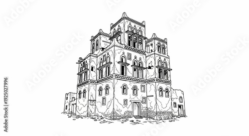 Detailed ink sketch of an ornate, multi-story historic building with many windows