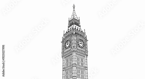 Detailed black and white sketch of a famous clock tower, showing intricate architectural details
