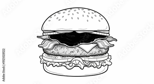 Detailed black and white illustration of a stacked hamburger with toppings