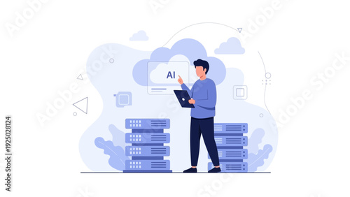 Man Using AI Technology with Cloud Computing and Server Racks