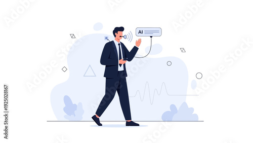 Man using AI voice assistant for business communication and data analysis