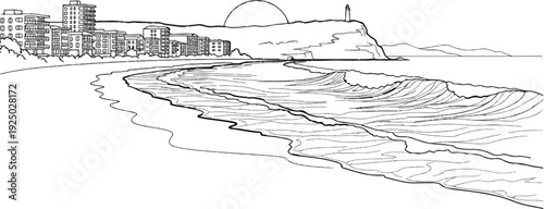 Coastal town with apartments and lighthouse overlooking wavy ocean at sunset