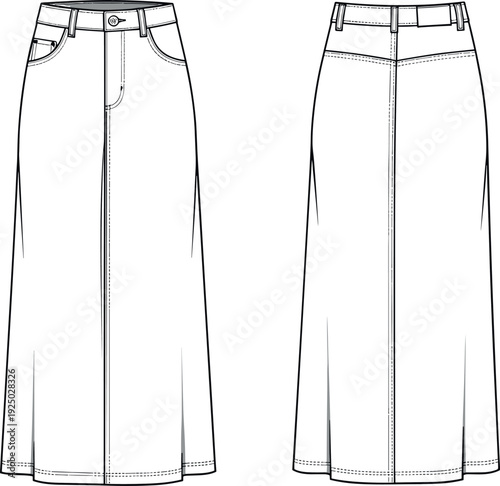 Long denim maxi skirt technical fashion flat sketch vector illustration with front and back views for apparel design tech pack.