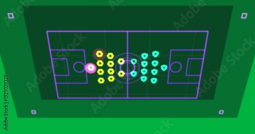 Magenta outline drawing neon pitch, tokens clustering, getting rings, showing tactics, transparent