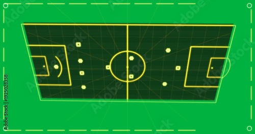 Black field starting neon panel, transparent pitch, pointer tracing triangle pass showing tactic
