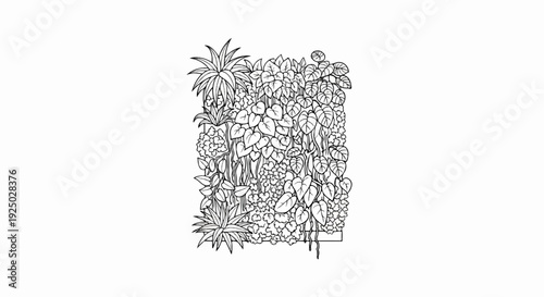 Black and white sketch of a lush vertical garden with diverse plant life