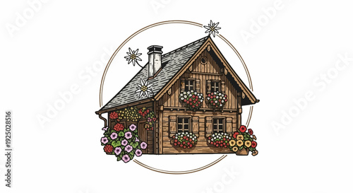 Rustic wooden chalet adorned with vibrant flowers and alpine stars