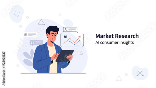 Man using tablet for AI market research and data analysis with graphs