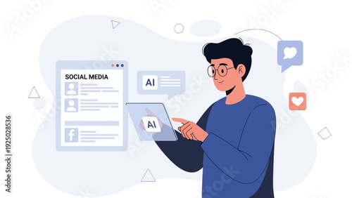 Man using tablet for social media management with AI assistance