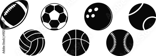 Large set of sports ball icons including football, soccer, bowling, tennis, volleyball, basketball, and baseball