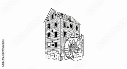 Detailed line drawing of a dilapidated wooden mill with a water wheel