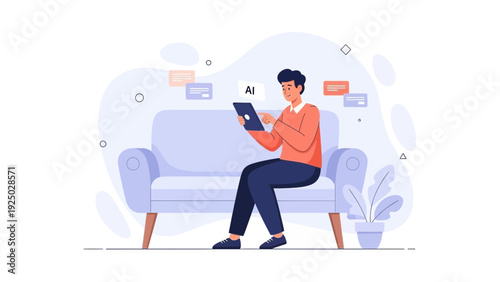 Man using tablet with AI on sofa, modern flat illustration, remote work, learning