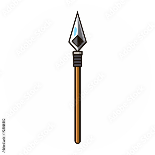 Stylized illustration of a tribal spear with a metallic arrowhead and wooden shaft