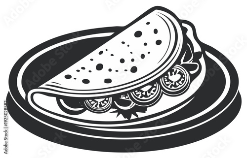 Simple Illustration of a savory crepe served on a plate. Healthy food illustration. Crepe illustration on plate, monochrome art.