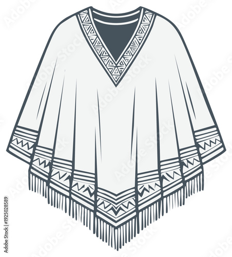 Stylized poncho illustration with ethnic tribal design elements and decorative fringe details