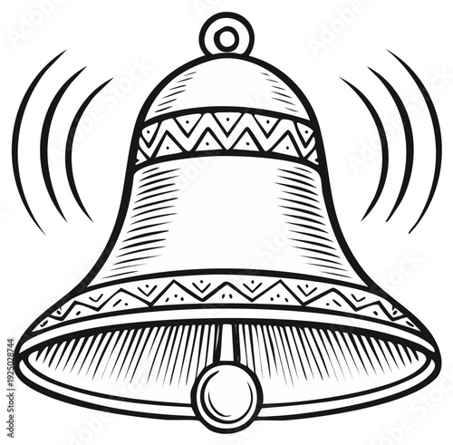 Vintage bell with decorative pattern ringing with sound waves illustration
