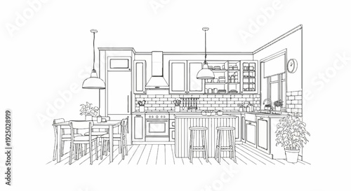 A sketch depicts a bright kitchen with a dining area and island bar