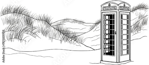 A sketch of a classic telephone booth stands by grassy dunes
