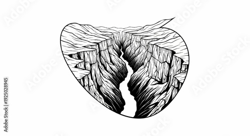 A heart-shaped frame encloses a dramatic, ink-drawn canyon with a winding river