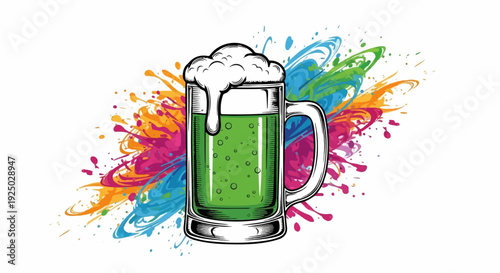 A foamy green beverage in a glass mug with colorful abstract paint splashes