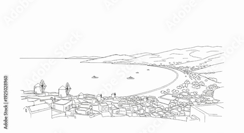 A serene coastal village with windmills overlooks a bay dotted with sailboats