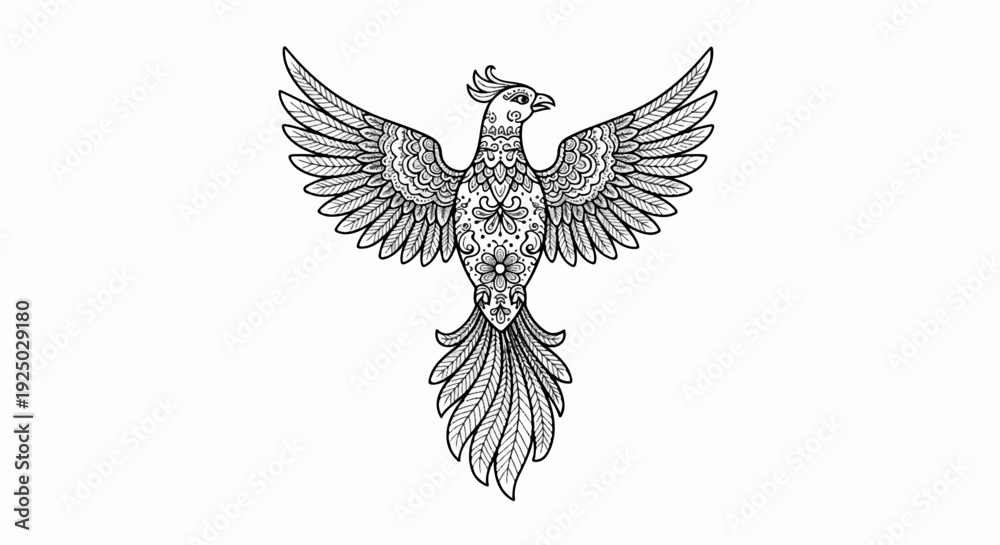 Obraz premium Intricate black and white drawing of a decorative bird with spread wings