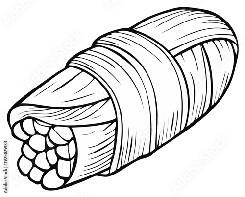 Hand-drawn illustration of a sushi roll wrapped in nori with a single chopstick