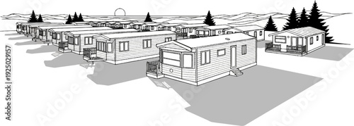 A monochrome drawing of a caravan park with hills and trees in the background