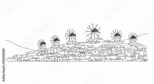 White line drawing of a village with windmills on a hill