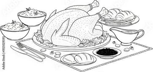 A classic holiday meal, featuring a roasted turkey, mashed potatoes, gravy, bread, and cranberry sauce