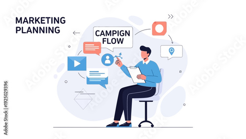 Marketing Planning Strategy Flowchart with Icons and Person