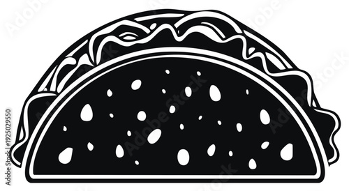 Simple black and white illustration of a classic taco with filling and toppings