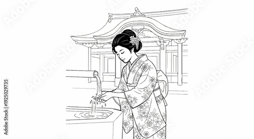 Woman in a floral kimono washes hands at a temple water feature, ink drawing