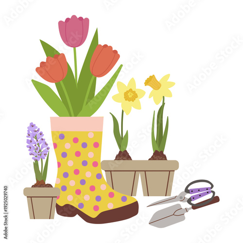 Flat vector illustration of a yellow polka-dot rain boot used as a vase for tulips, surrounded by potted daffodils, hyacinth, and garden tools. Perfect for spring sale and gardening designs.