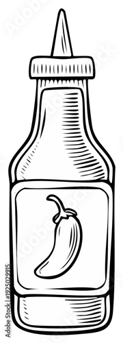 Outline illustration of hot chili sauce bottle with pepper on label for condiment designs