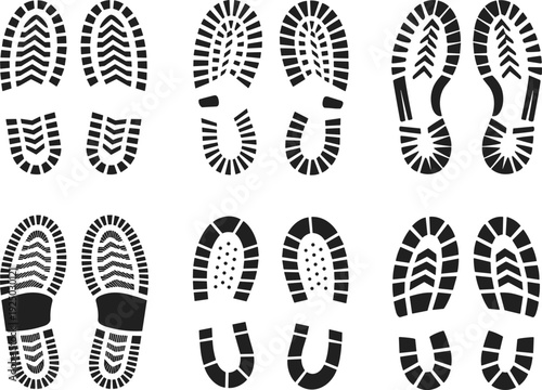 black shoe footprint silhouettes and boot sole prints on white background for crime scene investigation and forensic evidence