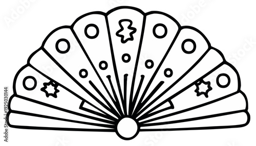 Hand fan outline drawing for coloring page with radiating lines, stars, and dot decorative elements