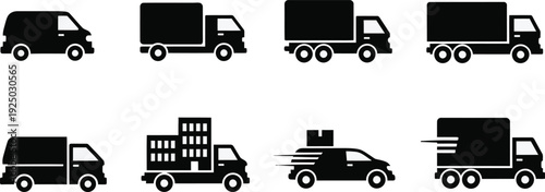 Collection of Black Truck and Van Icons for Delivery and Transportation [converted
