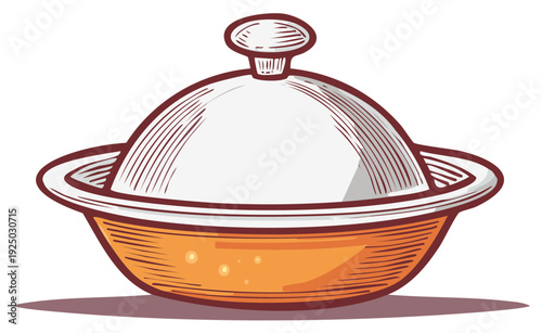 Illustration of a covered serving dish with an orange base and white lid