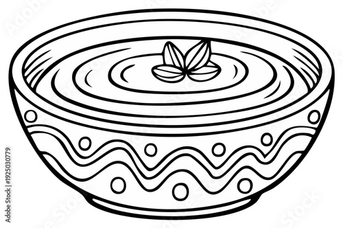 Line drawing of a decorative bowl filled with creamy dip garnished with leaves