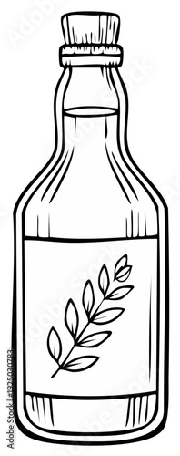Hand drawn illustration of a clear glass bottle with a cork stopper and a sprig of leaves on the label