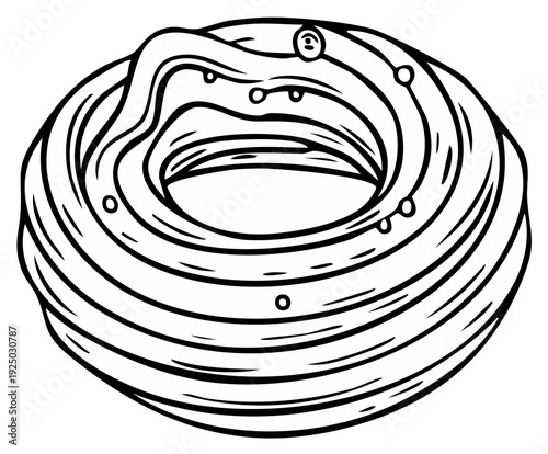 Donut with frosting, sketched, black and white illustration, confectionery treat