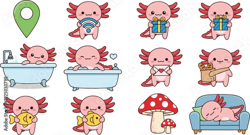 Cute Kawaii Axolotl Character Daily Life Activities Illustration Set