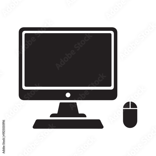 Computer monitor and mouse on white background  office technology symbol  simple icon design