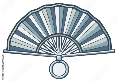 Cartoon illustration of a folding fan with silver and blue stripes and a charm.