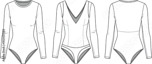 Women long sleeve bodysuit technical fashion flat sketch vector illustration template showing front and back views of apparel clothing designs