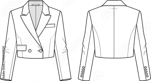 Vector technical flat fashion sketch of a women's cropped double breasted blazer jacket with peak lapels front and back views